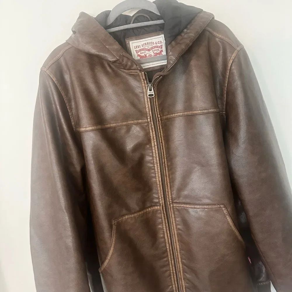 Levi’s Brown Faux Leather Hooded Jacket L - Picture 2 of 9